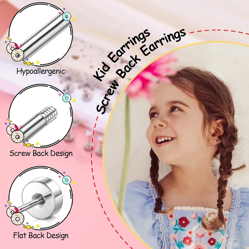 DALI Hypoallergenic Earrings for Girls,Toddler Screw Back Earrings for Kids Baby Women,Lightweight Surgical Steel Cute Pink Bow Butterfly Heart Flower CZ Flat Back Stud Earring for Sensitive Ears - Image 3